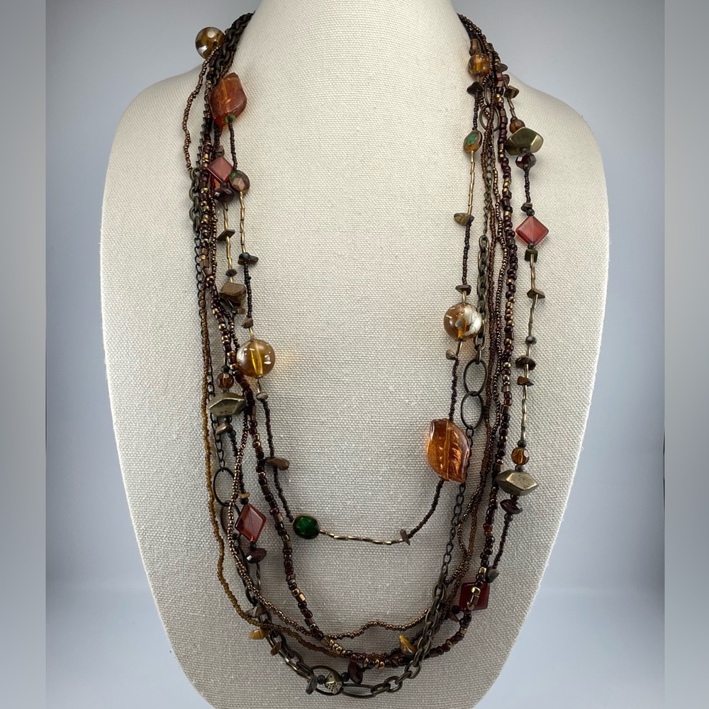Beautiful Unsigned Artisan Brown Glass Seed Beaded Multi Layer Boho Necklace